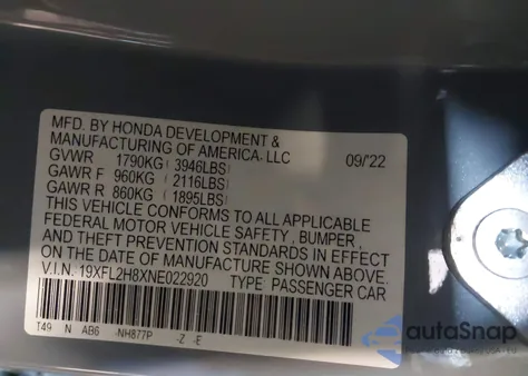 2022 Honda Civic Sport from USA, damaged, VIN 19XFL2H8XNE022920